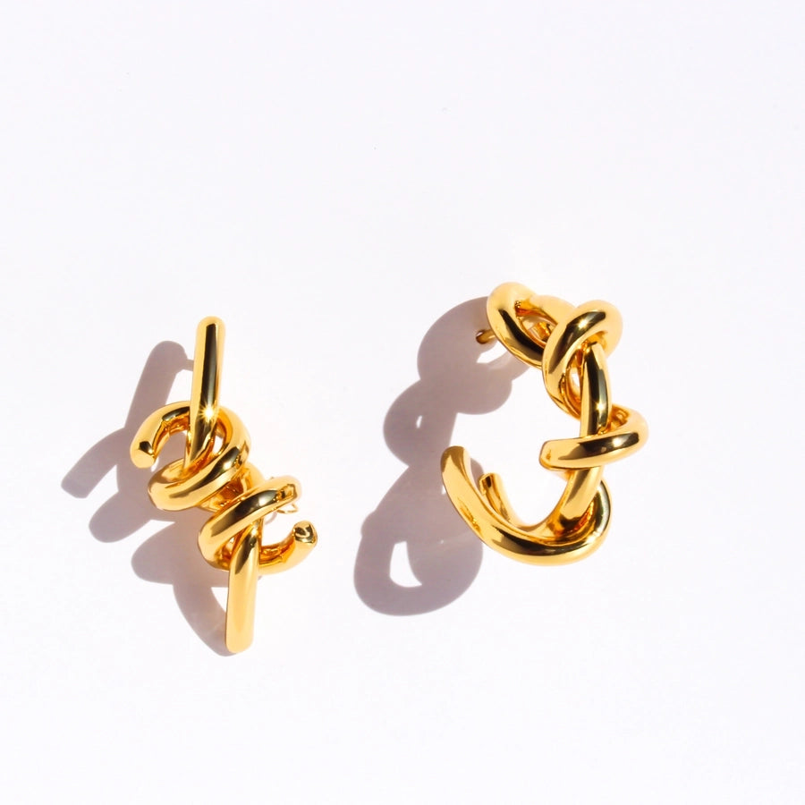 Exaggerated C Shape Asymmetrical Brass 24K Gold Plated Earrings