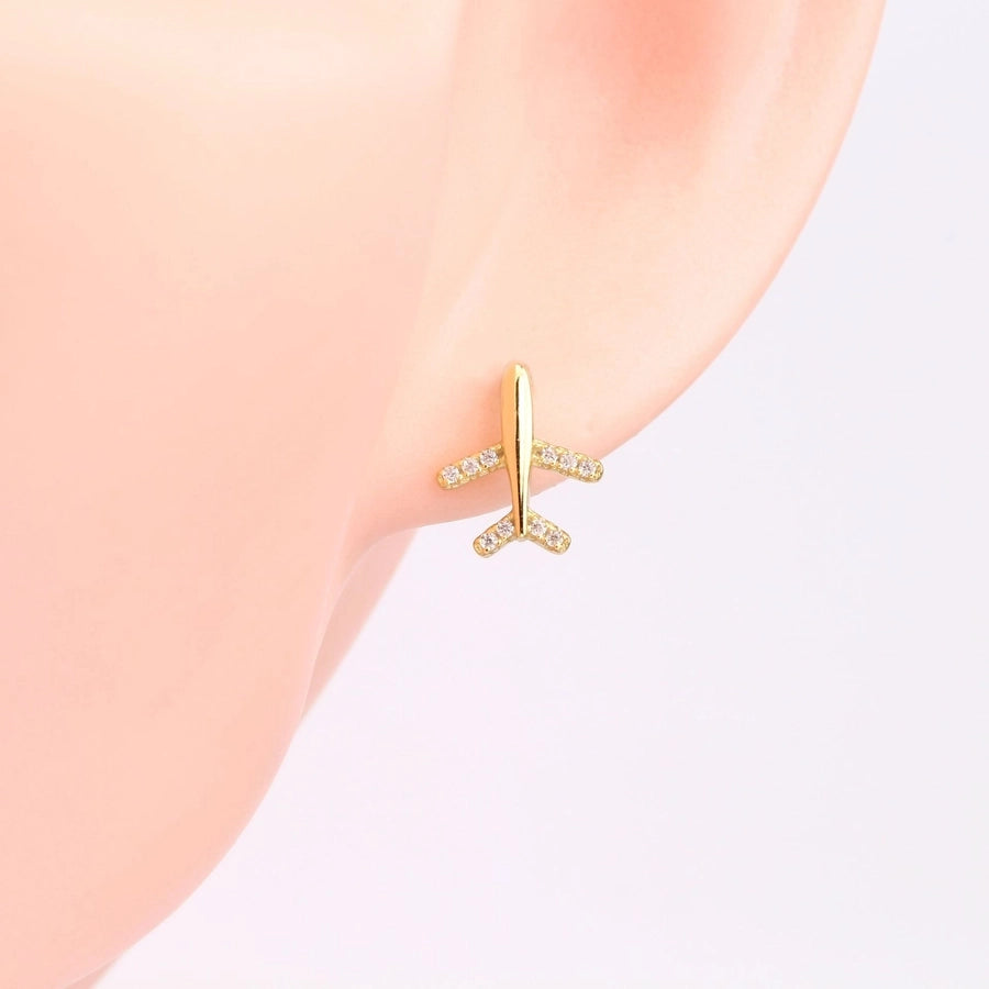 airplane plating inlay sterling silver zircon ear studs