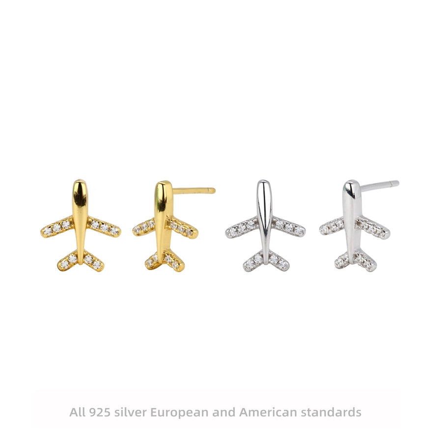 airplane plating inlay sterling silver zircon ear studs