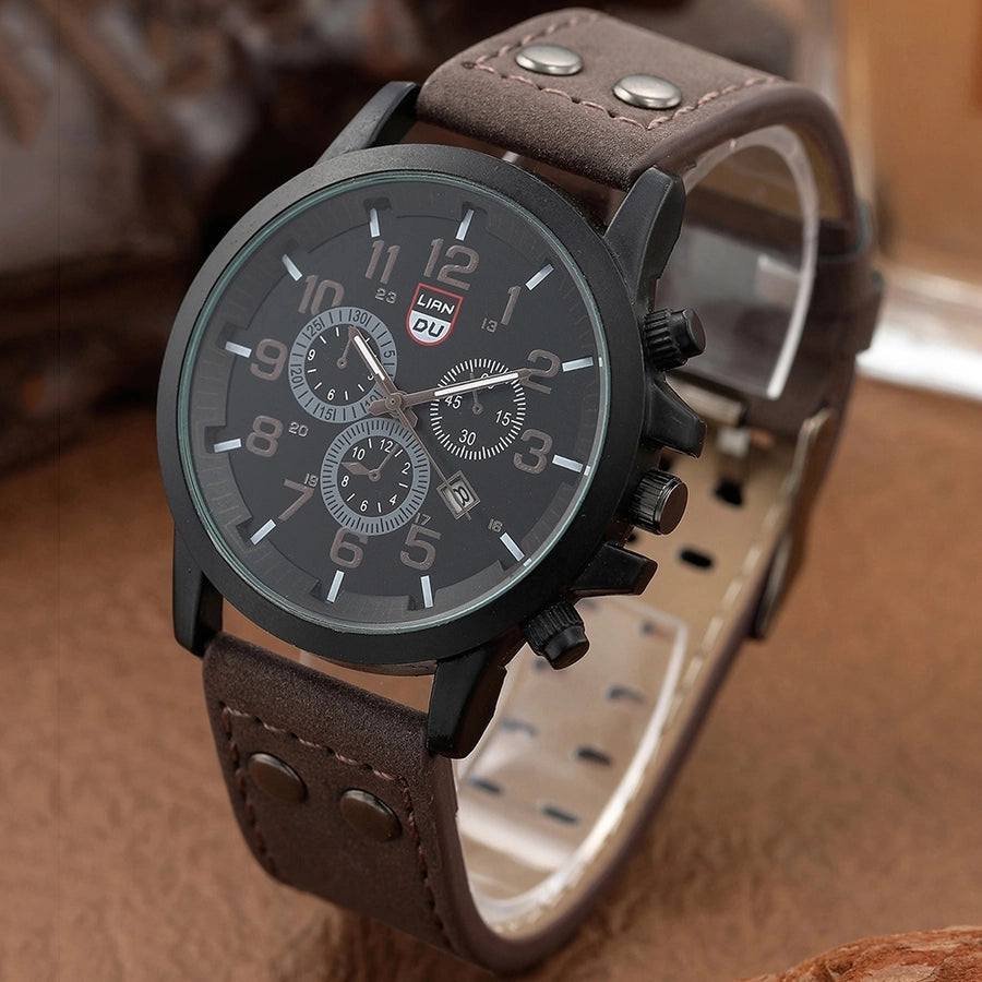 Men's Solid Colour Buckle Quartz Wrist Watch & Bracelet Set