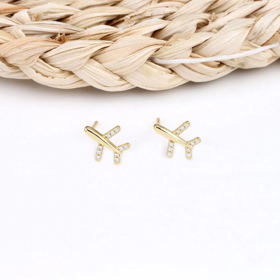 airplane plating inlay sterling silver zircon ear studs