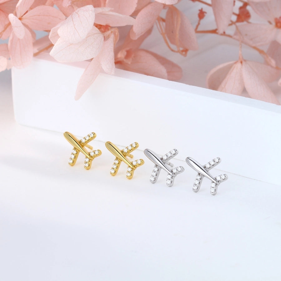 airplane plating inlay sterling silver zircon ear studs