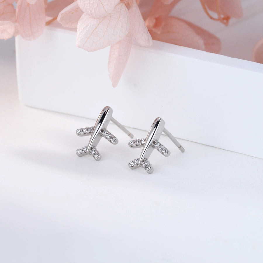 airplane plating inlay sterling silver zircon ear studs