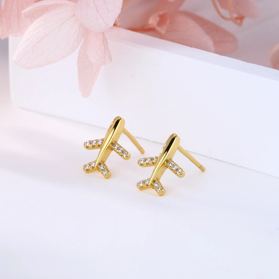 airplane plating inlay sterling silver zircon ear studs