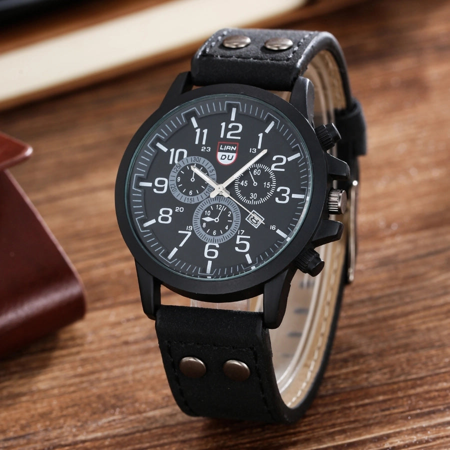 Men's Solid Colour Buckle Quartz Wrist Watch & Bracelet Set