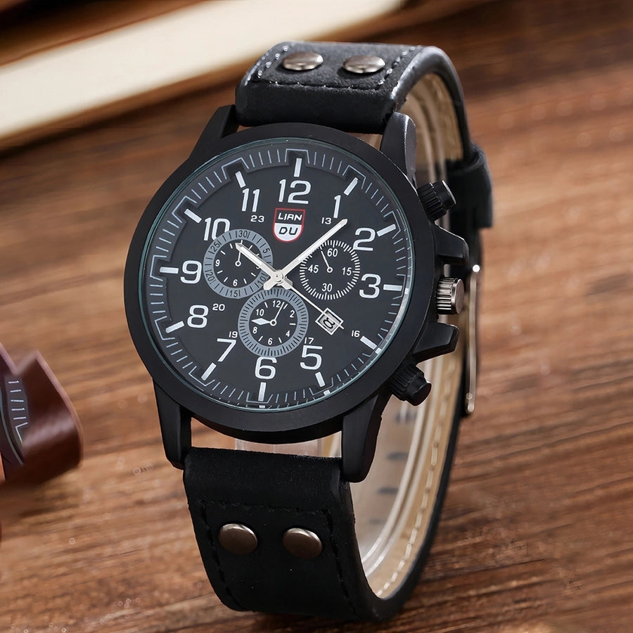 Men's Solid Colour Buckle Quartz Wrist Watch & Bracelet Set