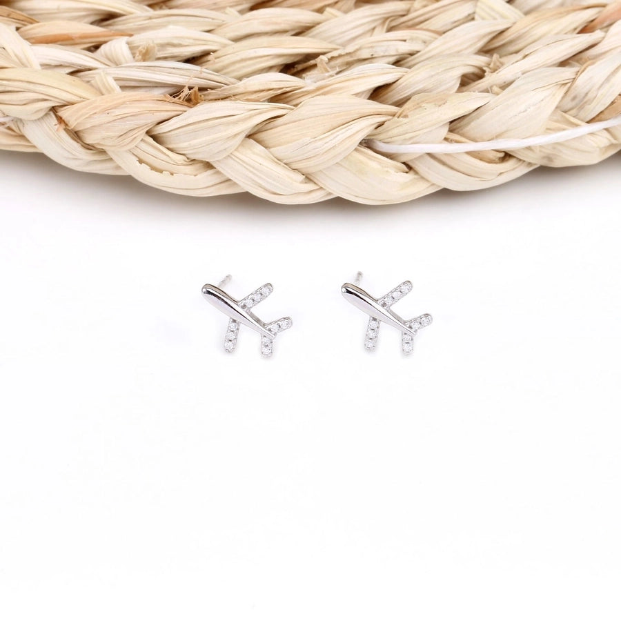 airplane plating inlay sterling silver zircon ear studs