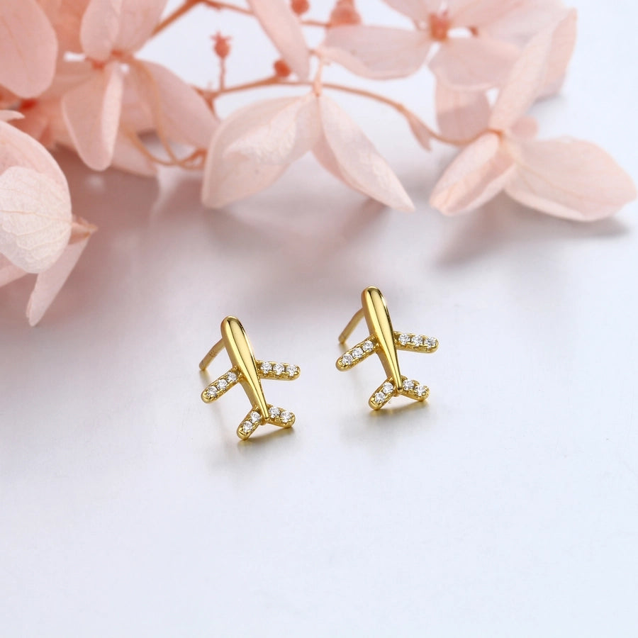 airplane plating inlay sterling silver zircon ear studs