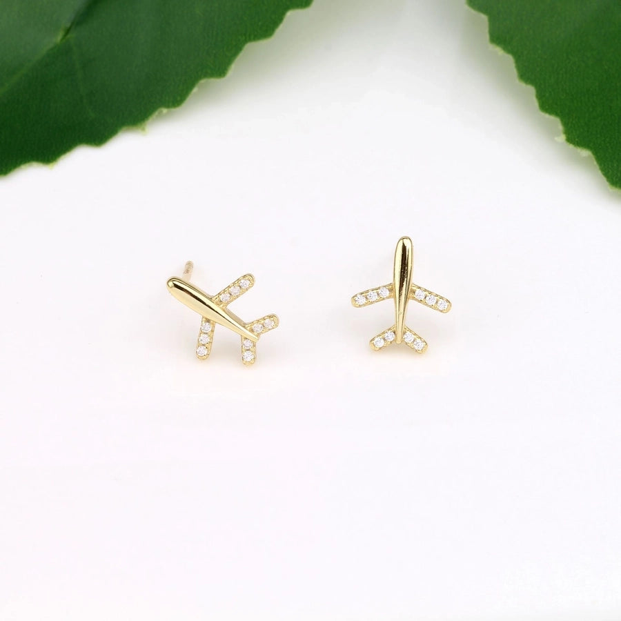 airplane plating inlay sterling silver zircon ear studs