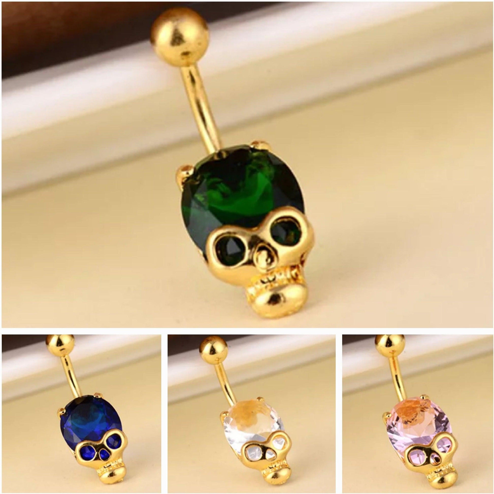 Skull Belly Bar Golden Skull Skeleton Navel Bar Belly Button Piercing Body Jewellery - Pretty Savage Jewellery