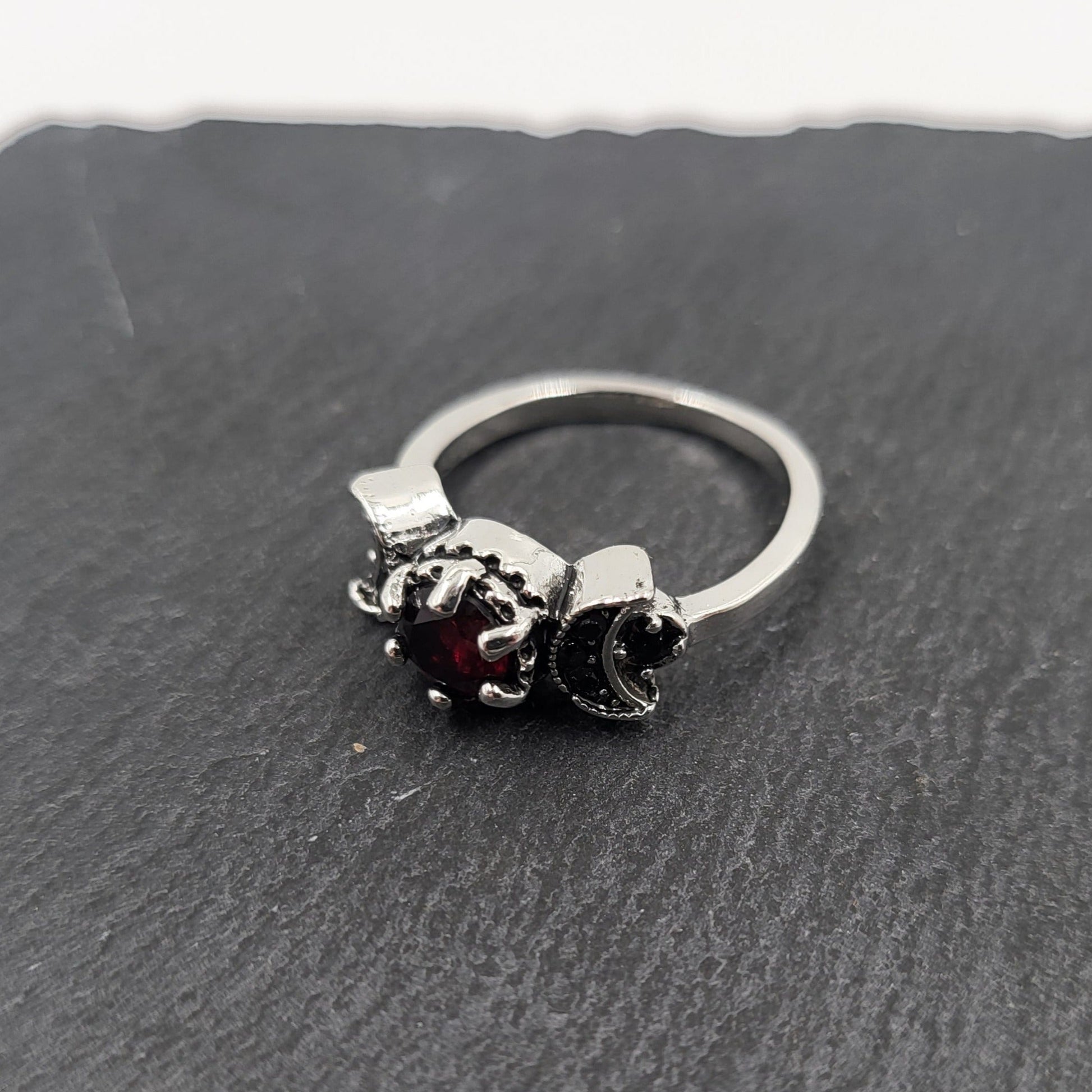 Dark Half Moon With Red Or Blue Gem Ring - Pretty Savage Jewellery