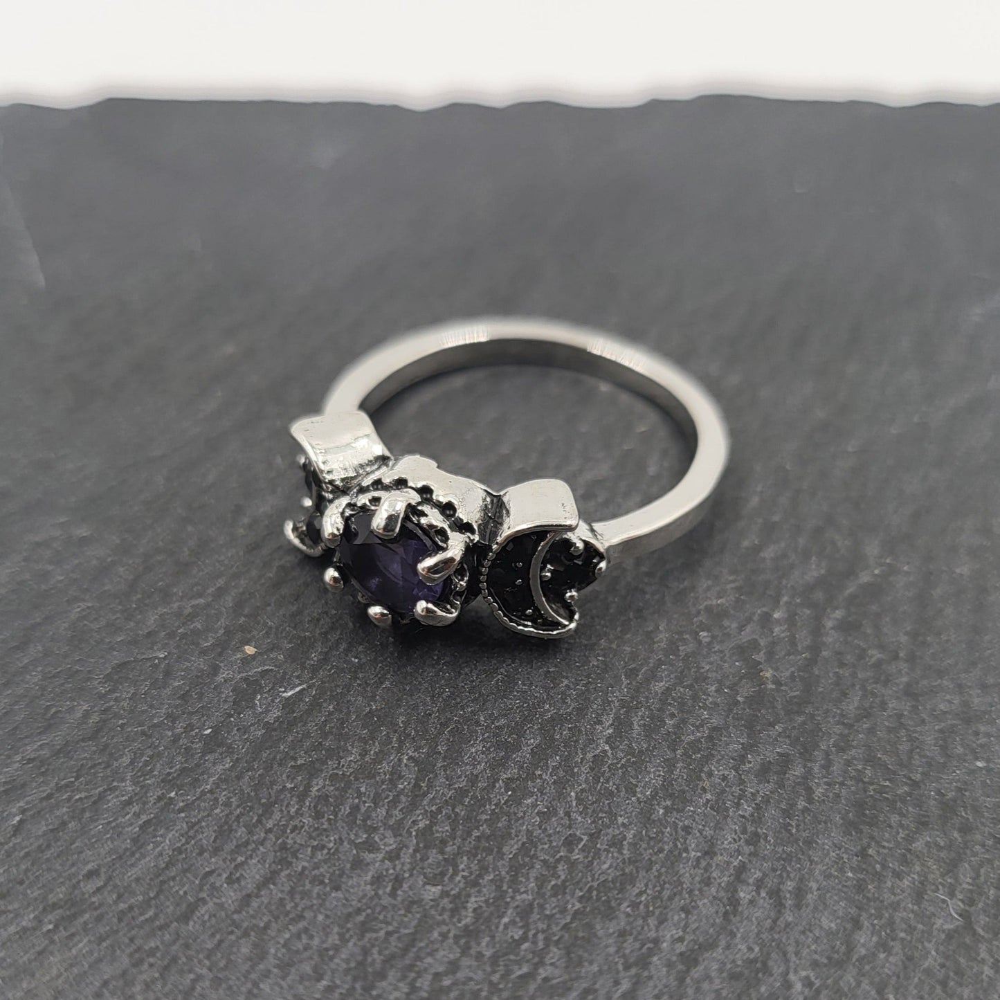 Dark Half Moon With Red Or Blue Gem Ring - Pretty Savage Jewellery