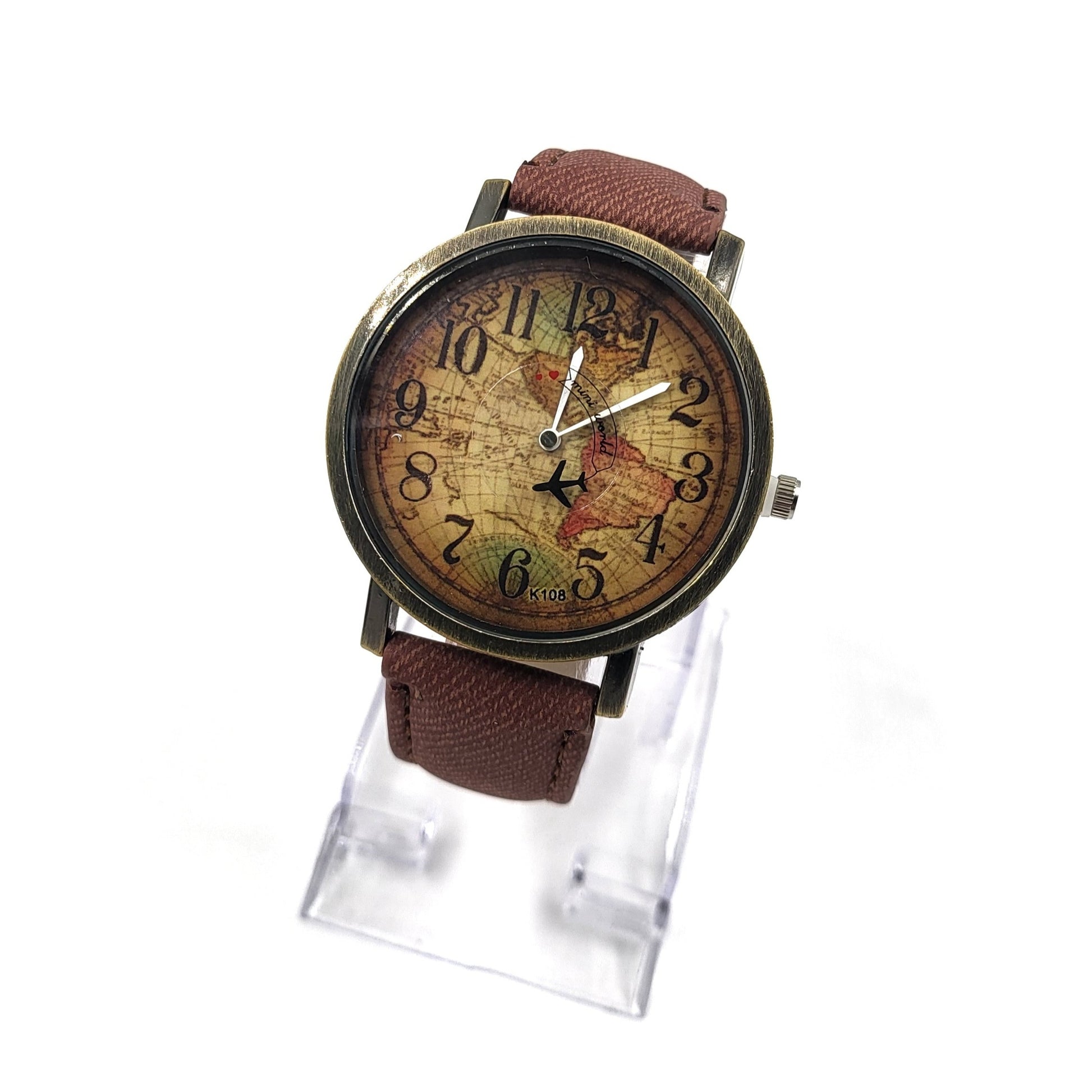 World Travel Wrist Watch With Brown Band Wrist Watch - Pretty Savage Jewellery