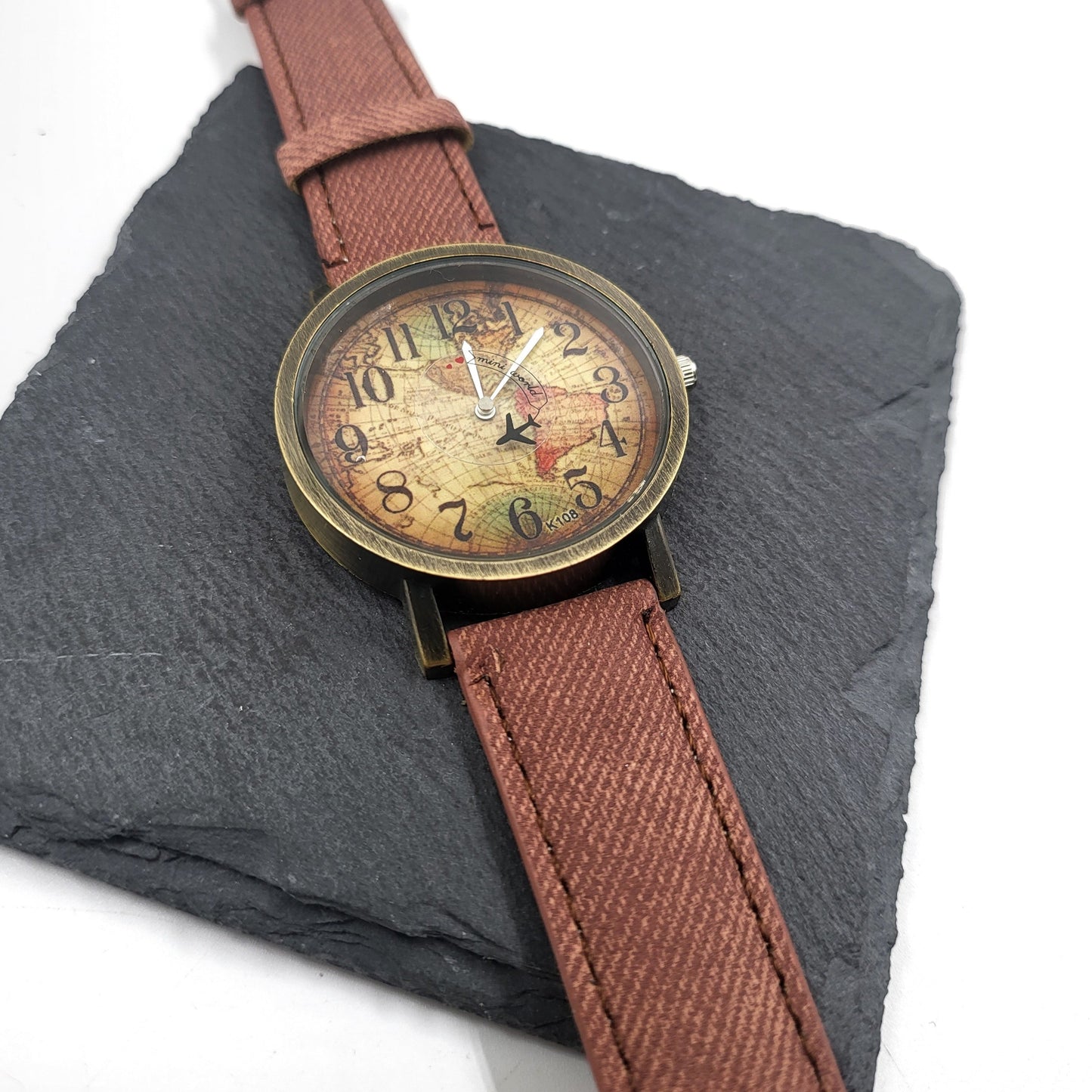 World Travel Wrist Watch With Brown Band Wrist Watch - Pretty Savage Jewellery