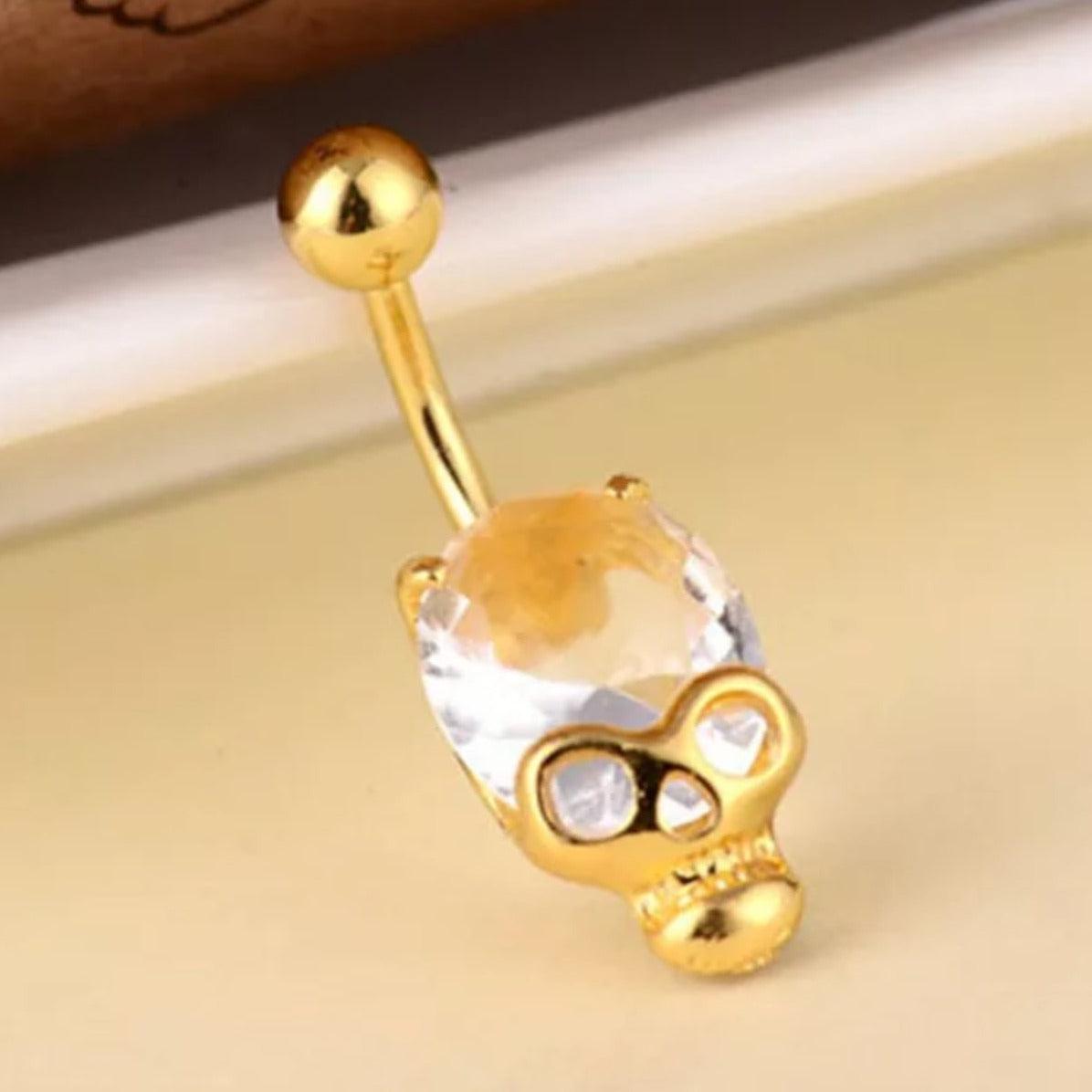 Skull Belly Bar Golden Skull Skeleton Navel Bar Belly Button Piercing Body Jewellery - Pretty Savage Jewellery