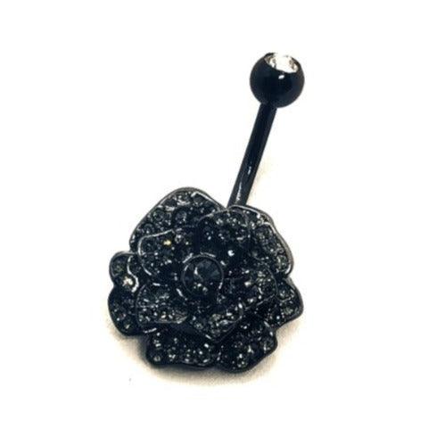 Black Crystal Rose Flower Belly Bar/Navel Bar - Pretty Savage Jewellery