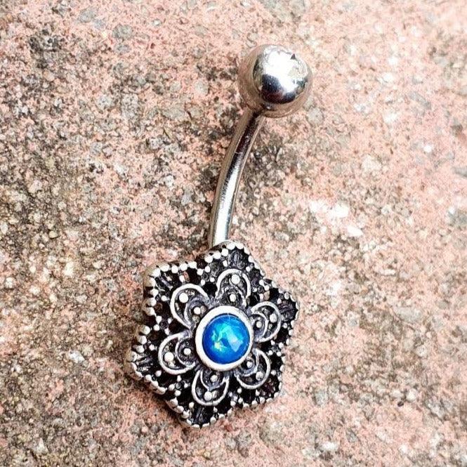 Mandala Vintage Retro Style Blue Gem Belly Bar Navel Bar - Pretty Savage Jewellery