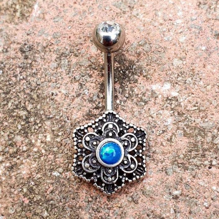 Mandala Vintage Retro Style Blue Gem Belly Bar Navel Bar - Pretty Savage Jewellery