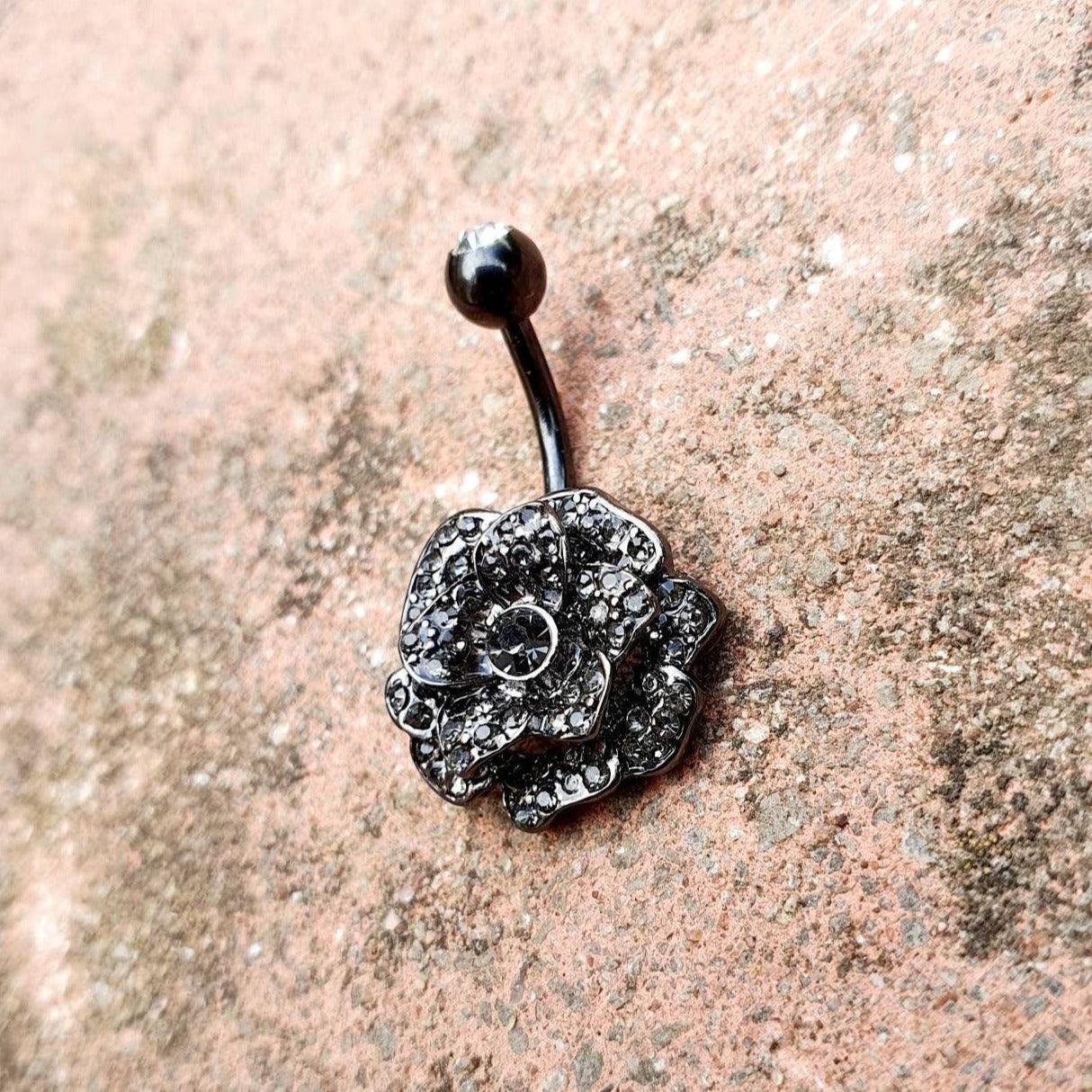 Black Crystal Rose Flower Belly Bar/Navel Bar - Pretty Savage Jewellery