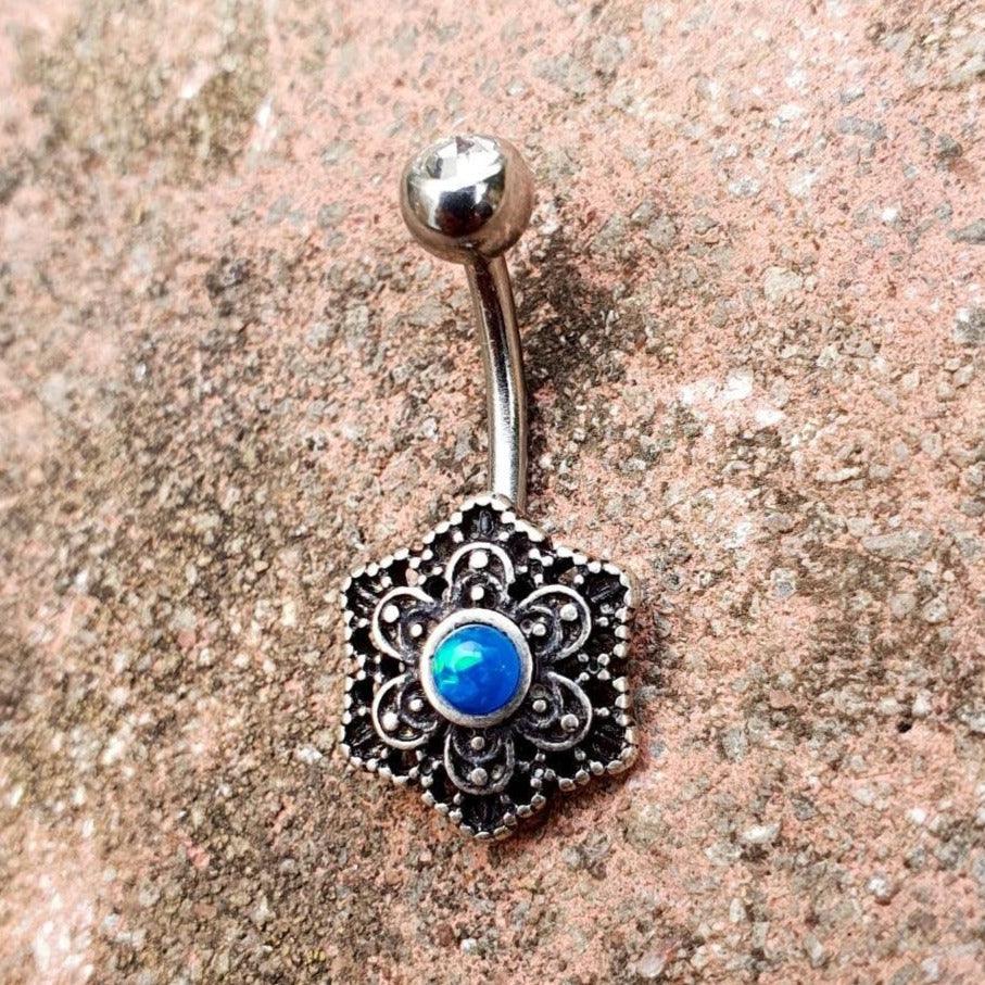 Mandala Vintage Retro Style Blue Gem Belly Bar Navel Bar - Pretty Savage Jewellery