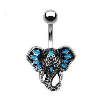 Tribal Elephant Silver/Blue belly bar Navel bar - Pretty Savage Jewellery