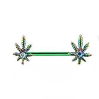 Cannabis Leaf Rainbow Green Nipple Bar - Pretty Savage Jewellery