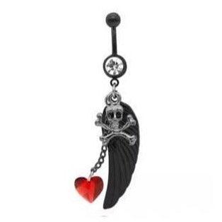 Skulls And Angles Heart Belly Bar Dangle Navel Bar Black Body Jewellery Belly Button Ring - Pretty Savage Jewellery