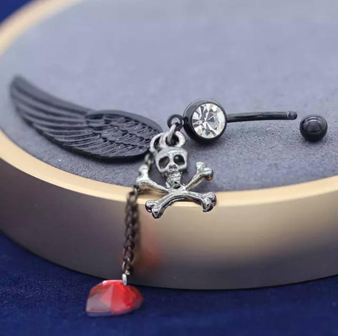 Skulls And Angles Heart Belly Bar Dangle Navel Bar Black Body Jewellery Belly Button Ring - Pretty Savage Jewellery