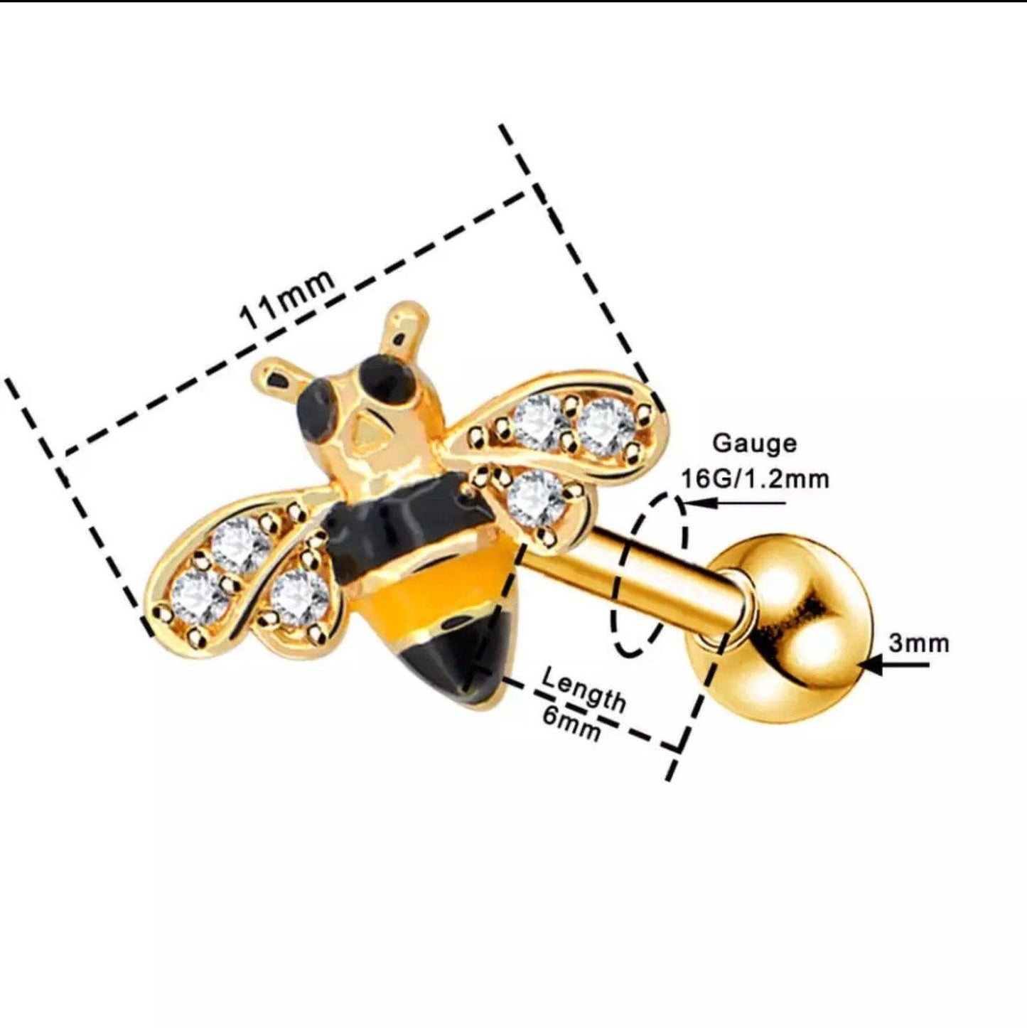 Honeybee Bumblebee 14G golden-Toned Ear Stud - Pretty Savage Jewellery