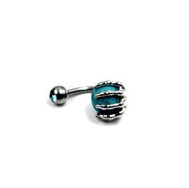 Skeleton Hand Belly Bar Halloween Body Jewellery Spooky Silver & Blue Skull Navel Bar - Pretty Savage Jewellery