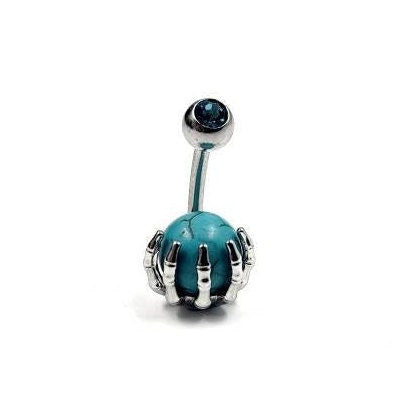 Skeleton Hand Belly Bar Halloween Body Jewellery Spooky Silver & Blue Skull Navel Bar - Pretty Savage Jewellery