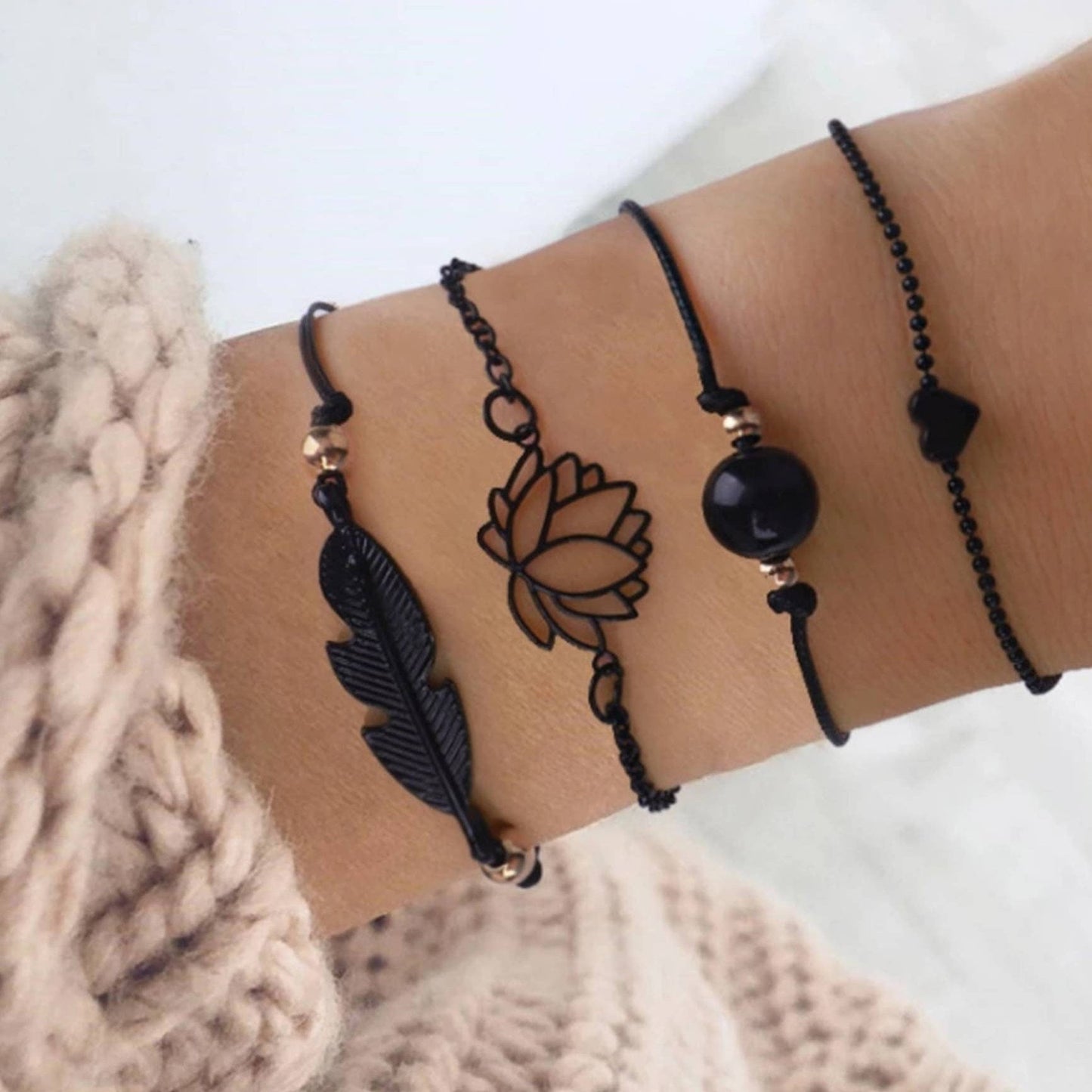 Black Feather Lotus Pendant Bracelet Minimal Gothic Bracelet Heart Charm Bangles Wrist Bracelet - Pretty Savage Jewellery