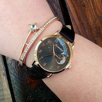 Moon Dial Bracelet Wrist Watch Black & White Leather Band Wrist Watch With Bracelet - Pretty Savage Jewellery