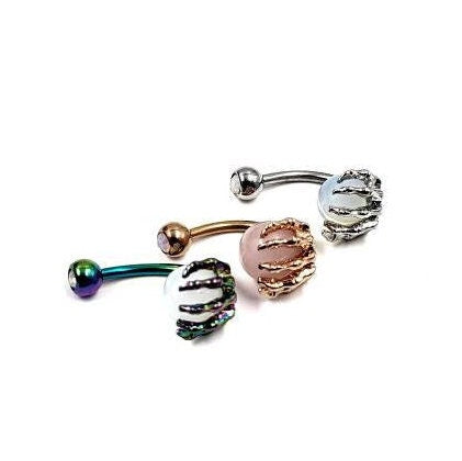 Skeleton Hand Belly Bar Halloween Body Jewellery Spooky Rose Gold Skull Navel Bar - Pretty Savage Jewellery