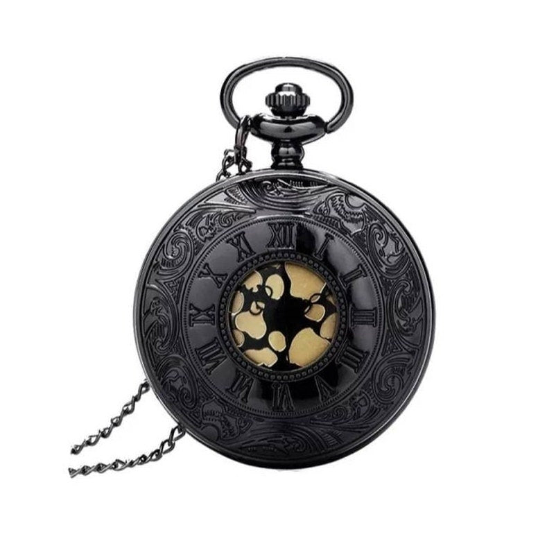 Black And Gold Roman Numerals Quartz Pocket Watch With Chain - Pretty Savage Jewellery