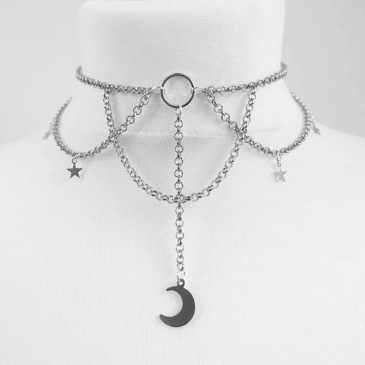 Metal Chain Choker Necklace Gothic Woman's Black Chain Choker Necklace With Stars - Pretty Savage Jewellery