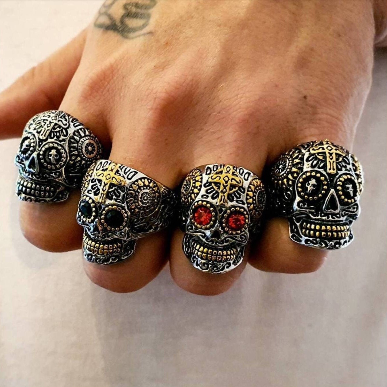 Gemstone Candy Skull Heavy Stainless Steel Rings - Pretty Savage Jewellery