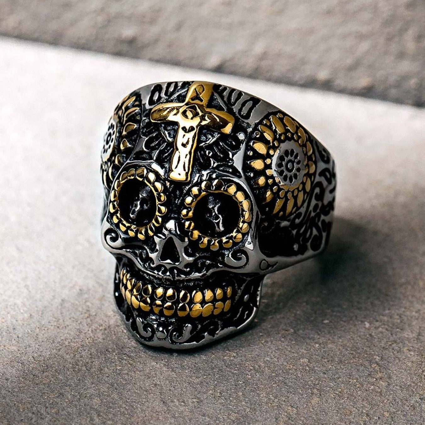 Gemstone Candy Skull Heavy Stainless Steel Rings - Pretty Savage Jewellery