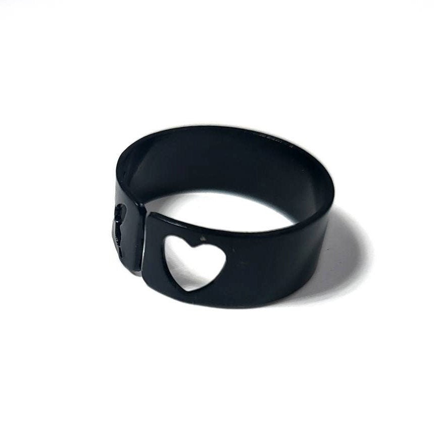 Heart And Butterfly Black Adjustable Ring - Pretty Savage Jewellery